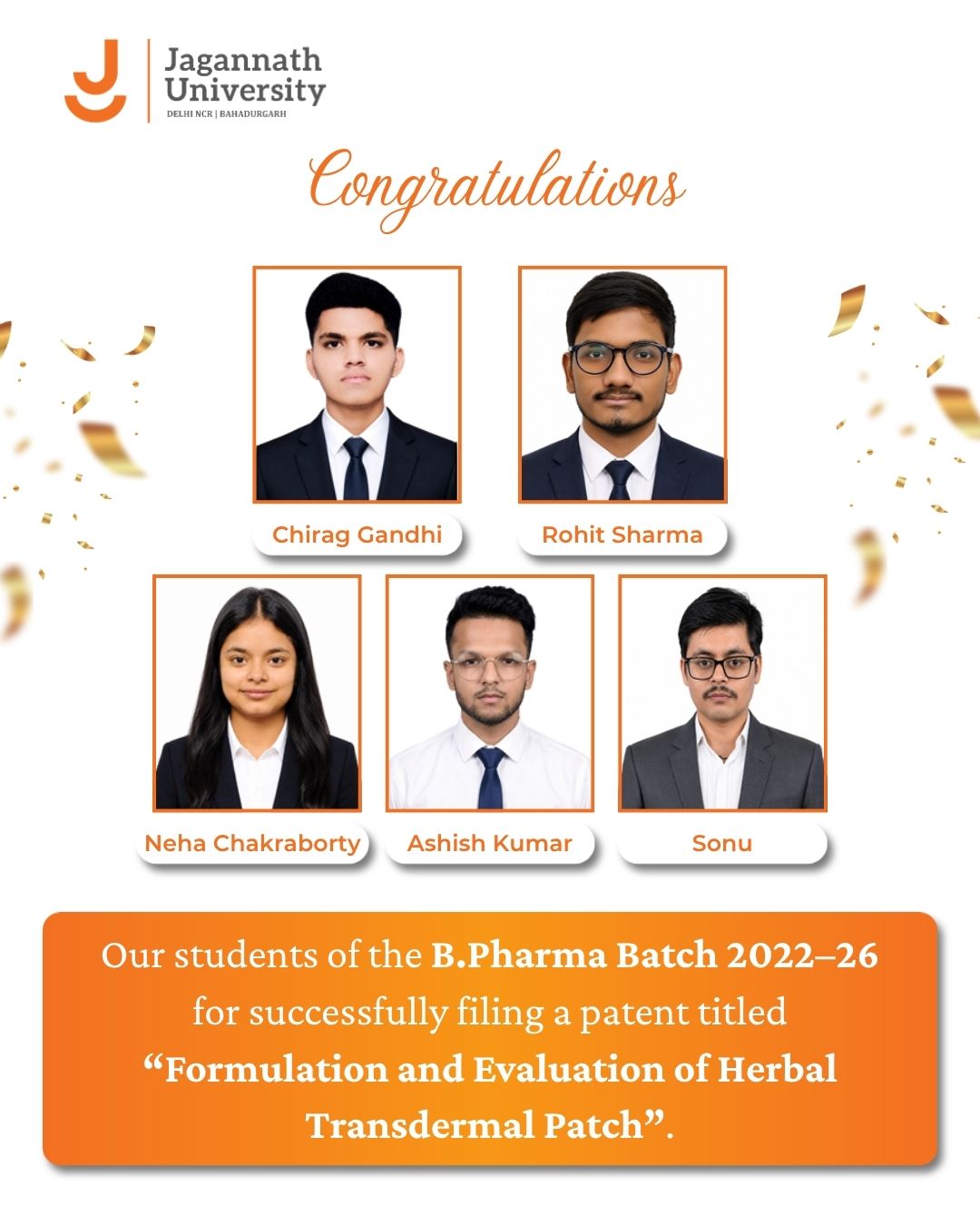 B.Pharma Batch 2022-26 Patent Formulation and Evaluation of Herbal Transdermal Patch - Jagannath University